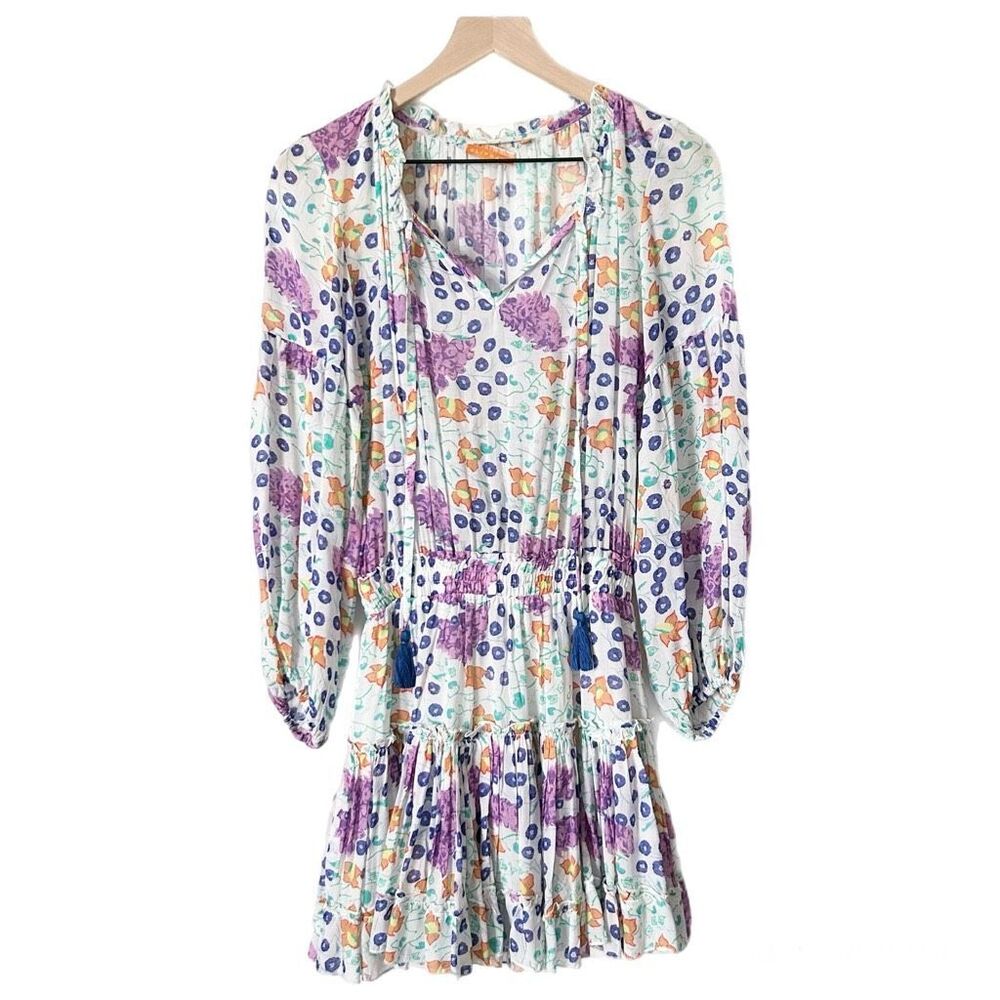 Oliphant Smocked Waist Long Sleeve Mini Dress Floral Cotton Silk Size XS